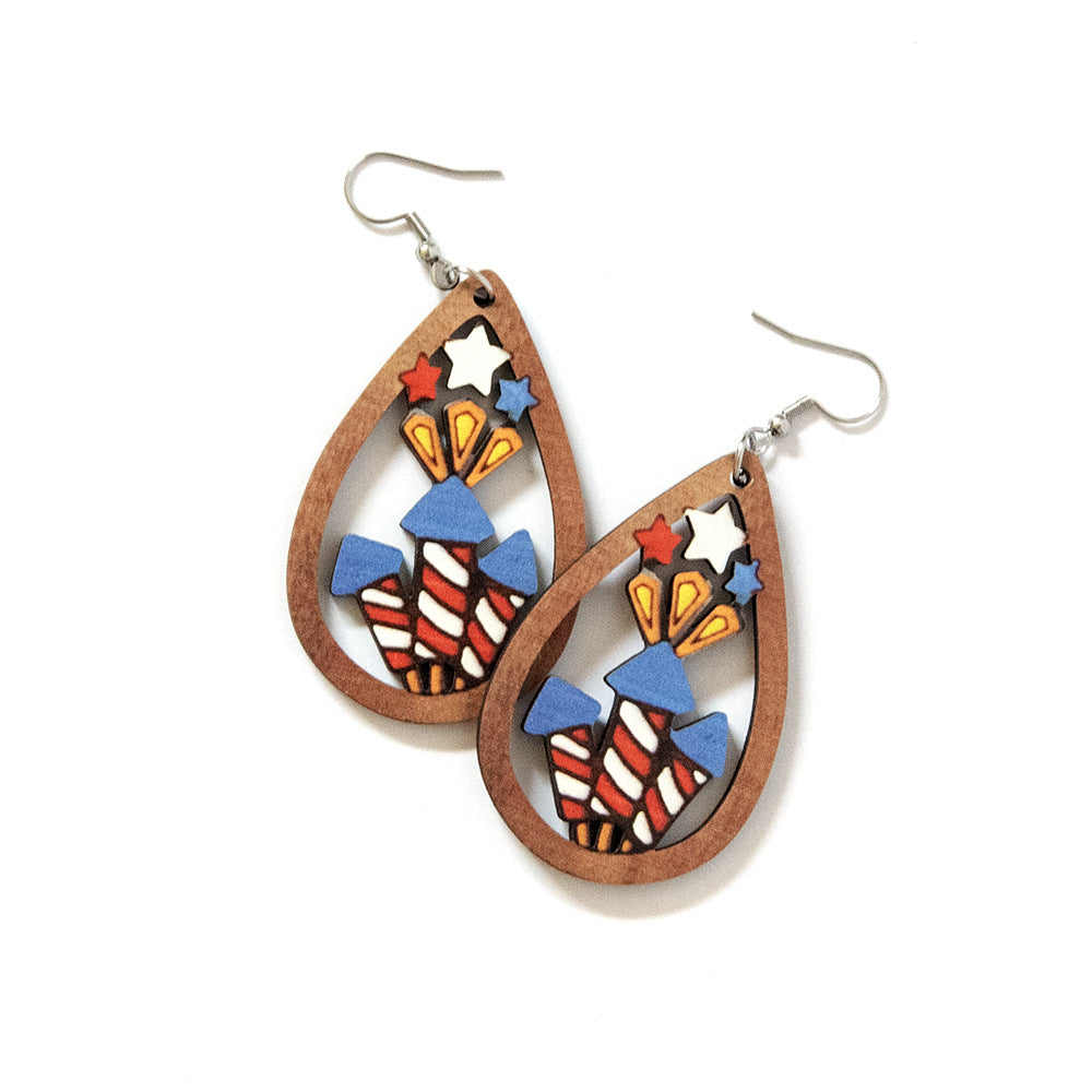 Wholesale of American Independence Day Fireworks Wooden Earrings